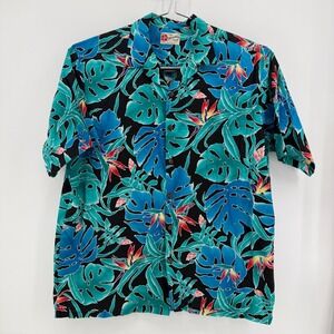 Hilo Hattie Hawaiian Shirt Mens 2XL Blue Floral Cotton Made in Hawaii Aloha